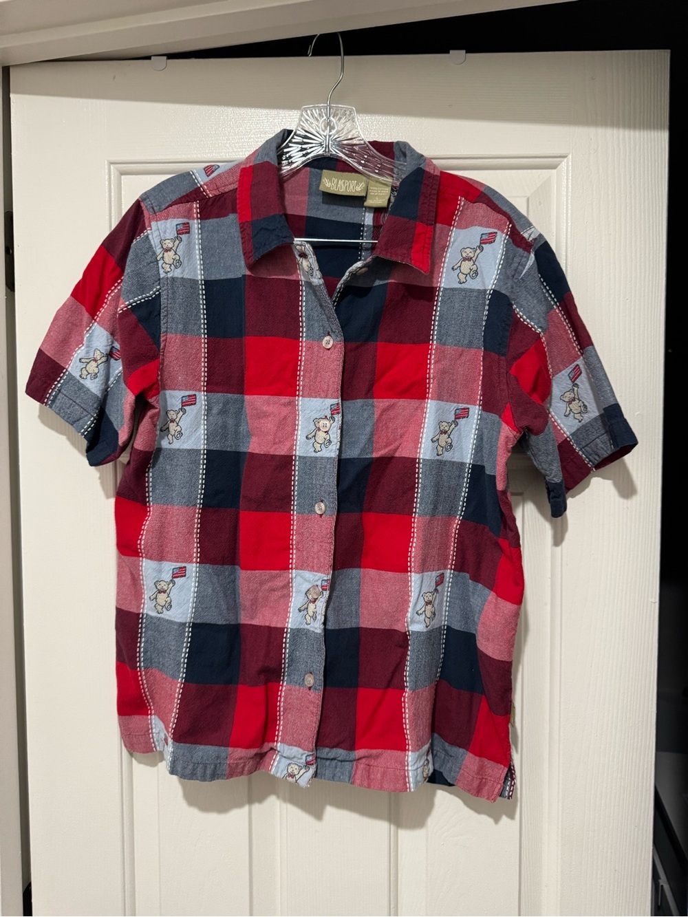 Plaid Button-Down Shirt with Bear Motif - Red/Blue